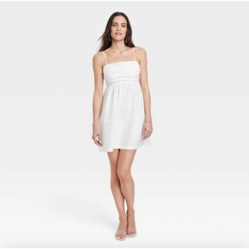 A New Day White Cotton Poplin Babydoll Mini Dress Pockets | Size XL